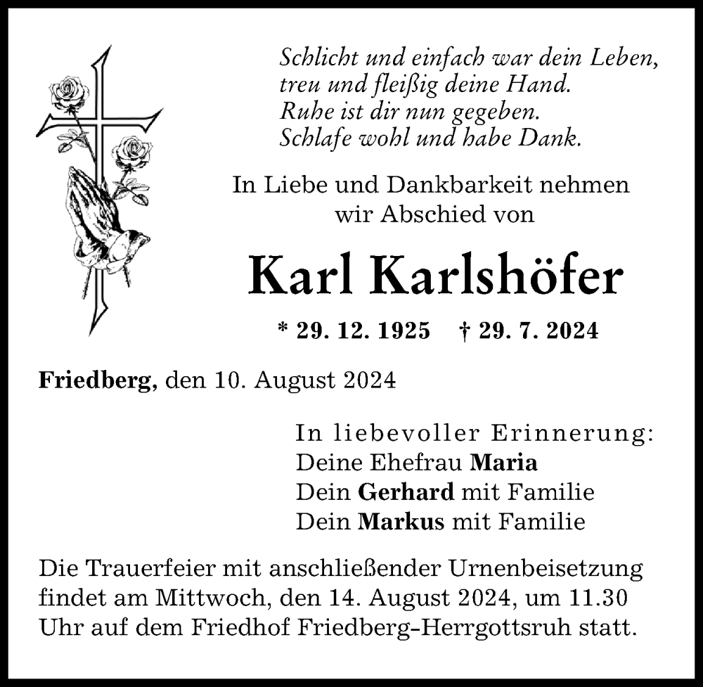 Traueranzeige von Karl Karlshöfer von Friedberger Allgemeine