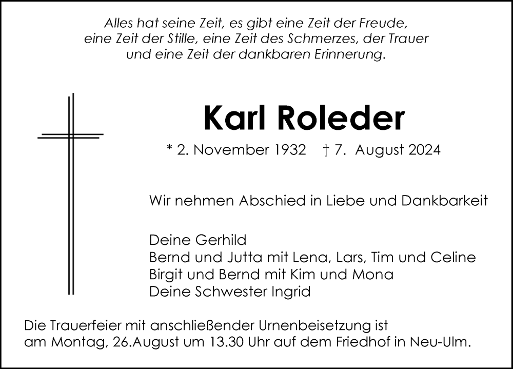 Traueranzeige von Karl Roleder von Augsburger Allgemeine, Neu-Ulmer Zeitung