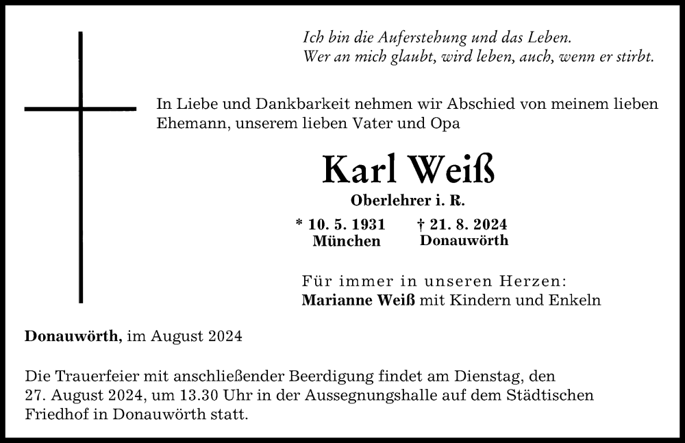 Traueranzeige von Karl Weiß von Donauwörther Zeitung