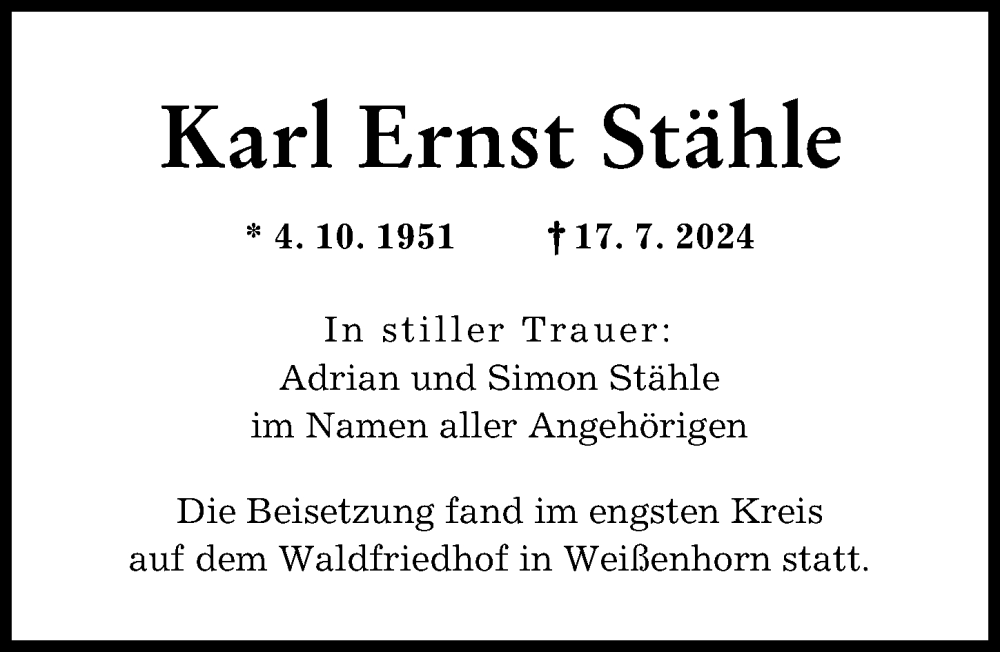 Traueranzeige von Karl Ernst Stähle von Augsburger Allgemeine, Neu-Ulmer Zeitung