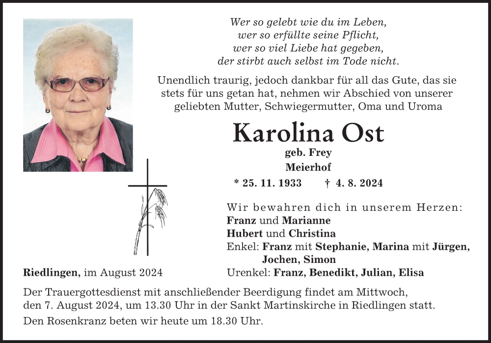 Traueranzeige von Karolina Ost von Donauwörther Zeitung