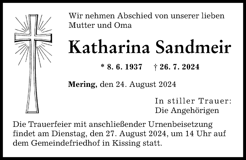 Traueranzeige von Katharina Sandmeir von Friedberger Allgemeine