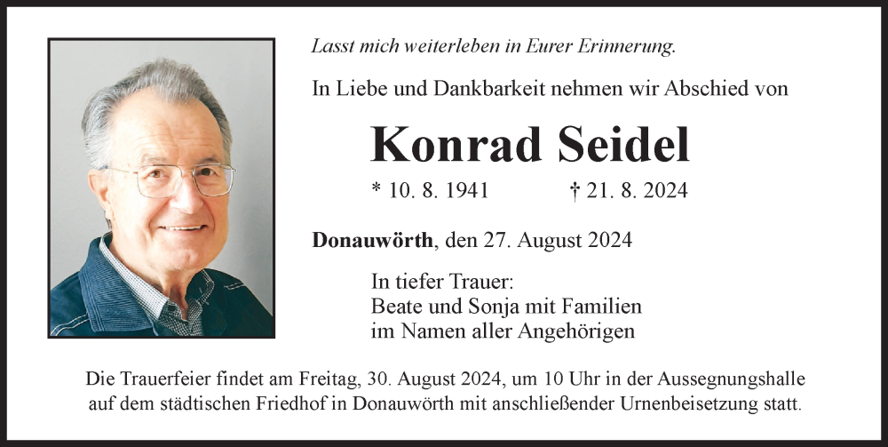 Traueranzeige von Konrad Seidel von Donauwörther Zeitung