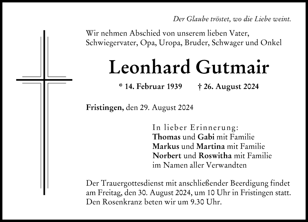 Traueranzeige von Leonhard Gutmair von Donau Zeitung