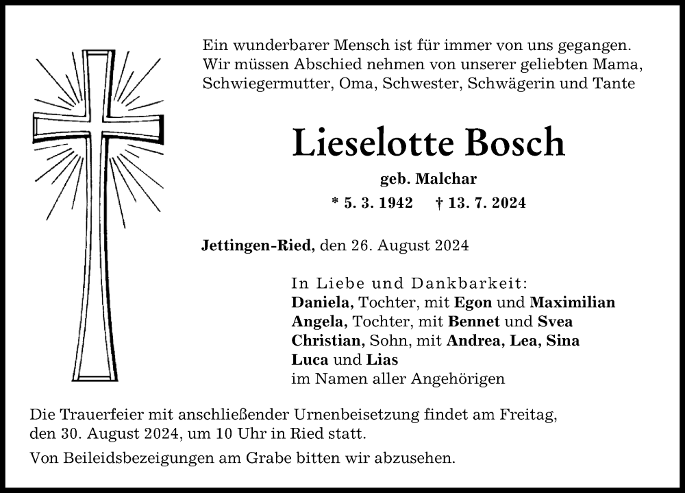 Traueranzeige von Lieselotte Bosch von Günzburger Zeitung