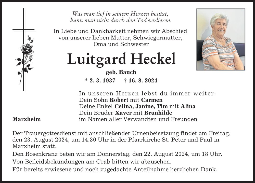 Traueranzeige von Luitgard Heckel von Donauwörther Zeitung