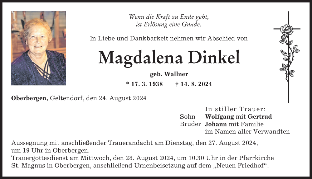 Traueranzeige von Magdalena Dinkel von Landsberger Tagblatt