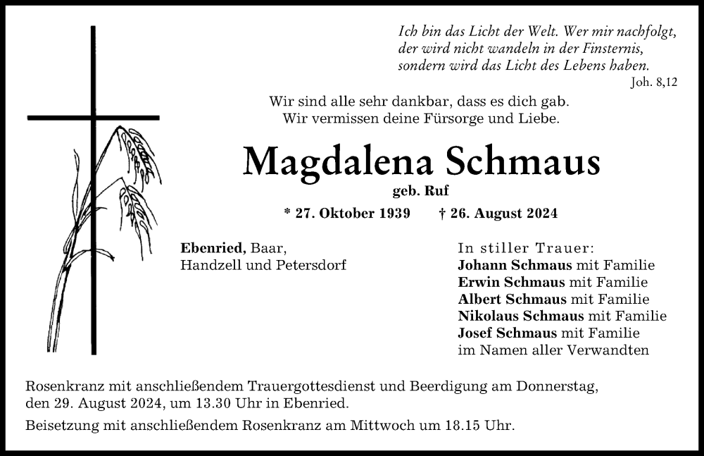 Traueranzeige von Magdalena Schmaus von Aichacher Nachrichten