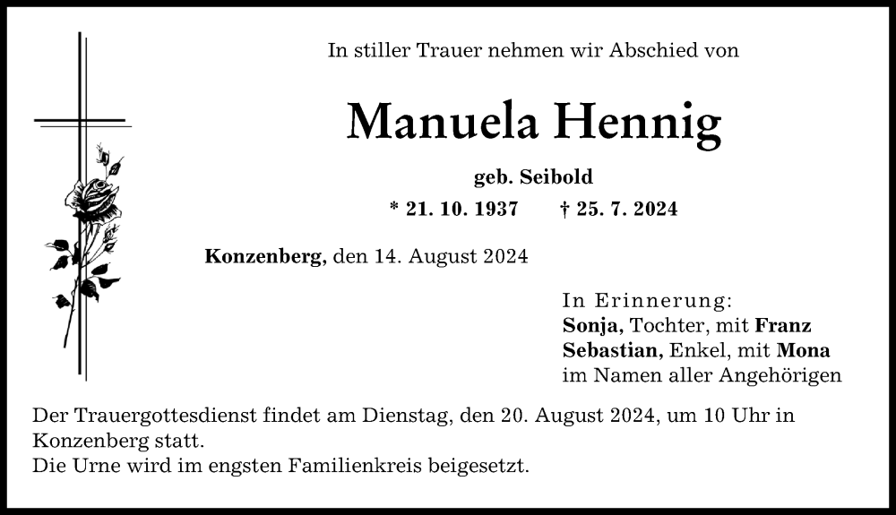 Traueranzeige von Manuela Hennig von Günzburger Zeitung