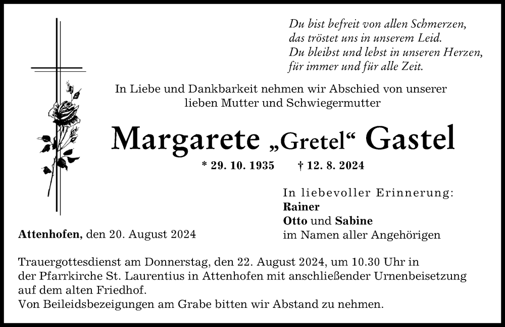 Traueranzeige von Margarete  Gastel von Neu-Ulmer Zeitung