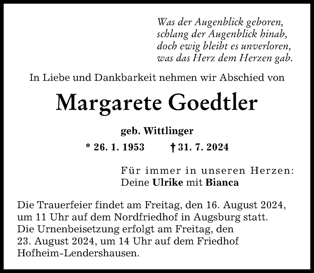 Traueranzeige von Margarete Goedtler von Aichacher Nachrichten