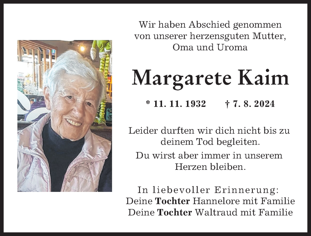 Traueranzeige von Margarete Kaim von Donauwörther Zeitung