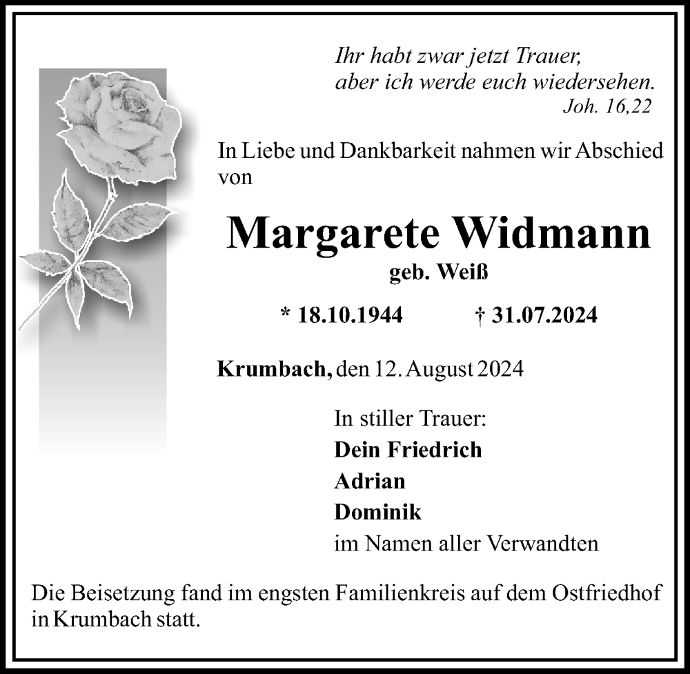 Traueranzeige von Margarete Widmann von Mittelschwäbische Nachrichten