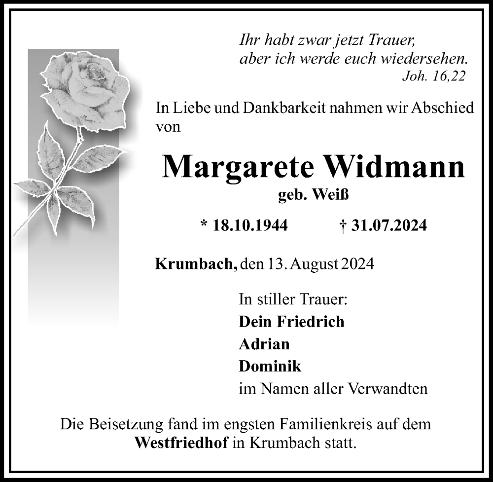 Traueranzeige von Margarete Widmann von Mittelschwäbische Nachrichten