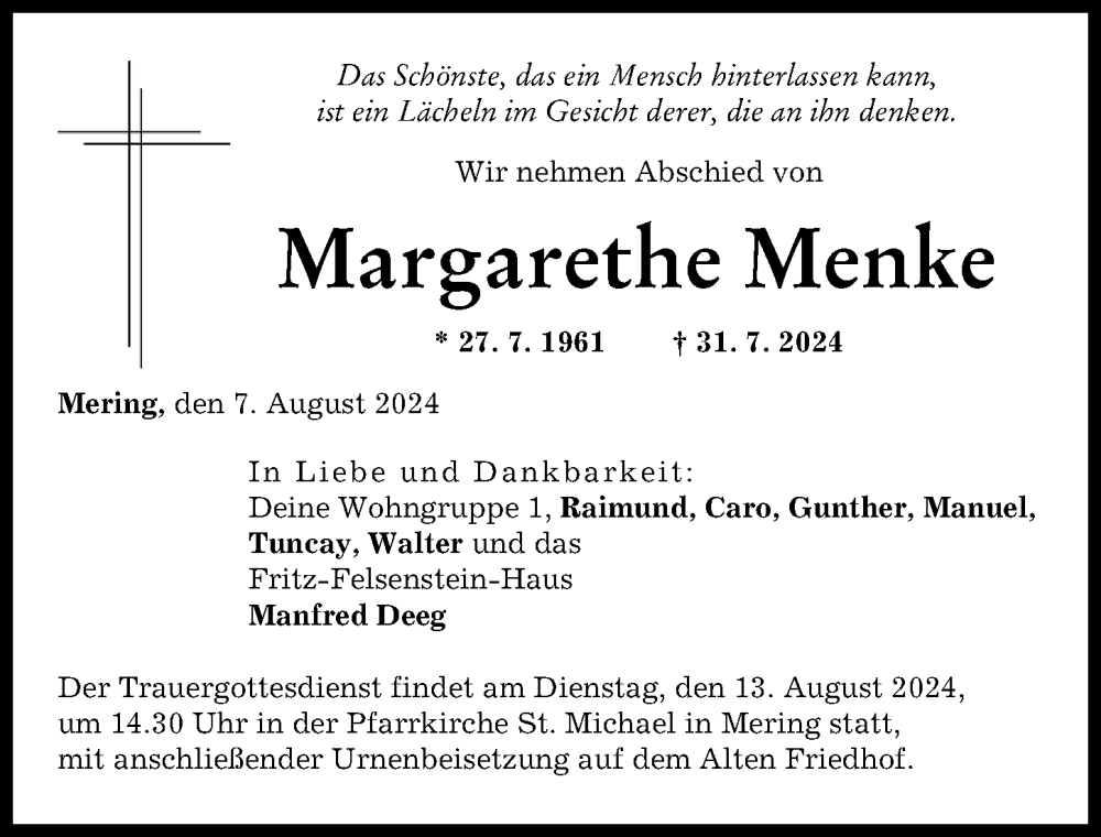 Traueranzeige von Margarethe Menke von Friedberger Allgemeine