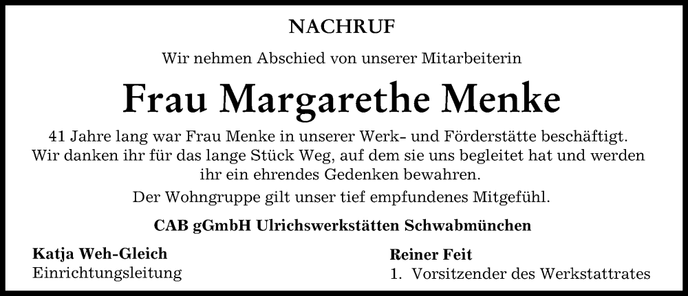 Traueranzeige von Margarethe Menke von Schwabmünchner Allgemeine