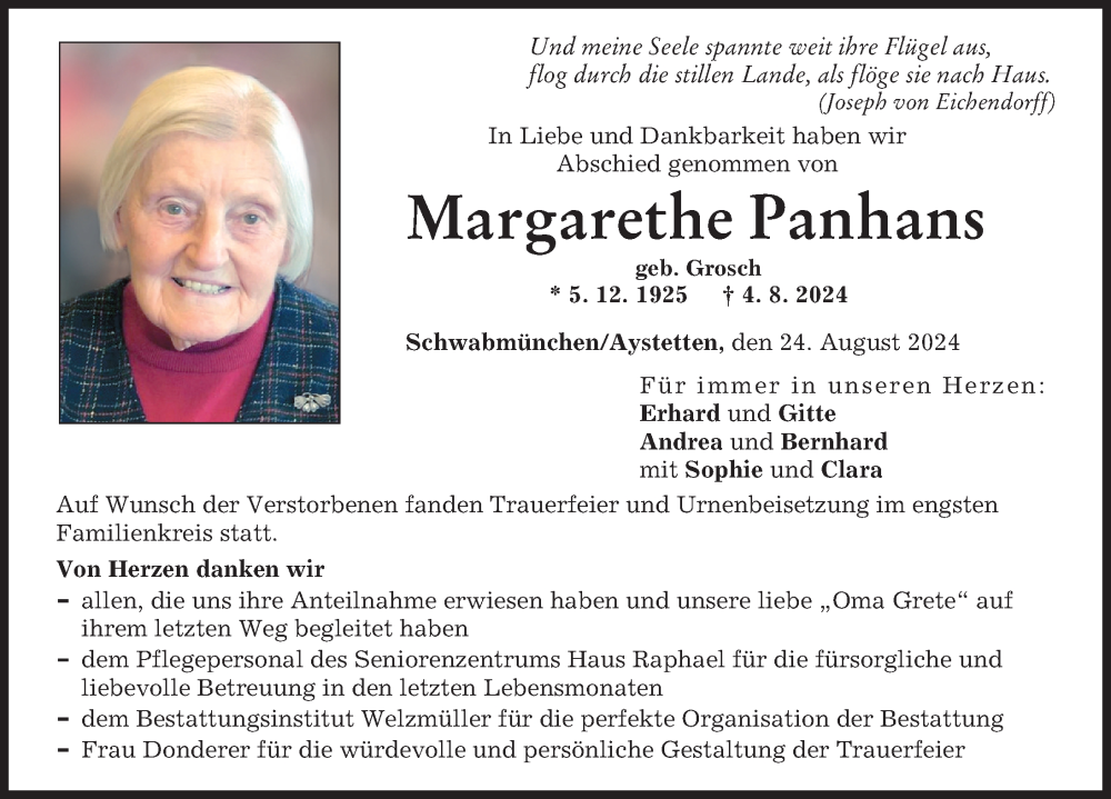 Traueranzeige von Margarethe Panhans von Schwabmünchner Allgemeine