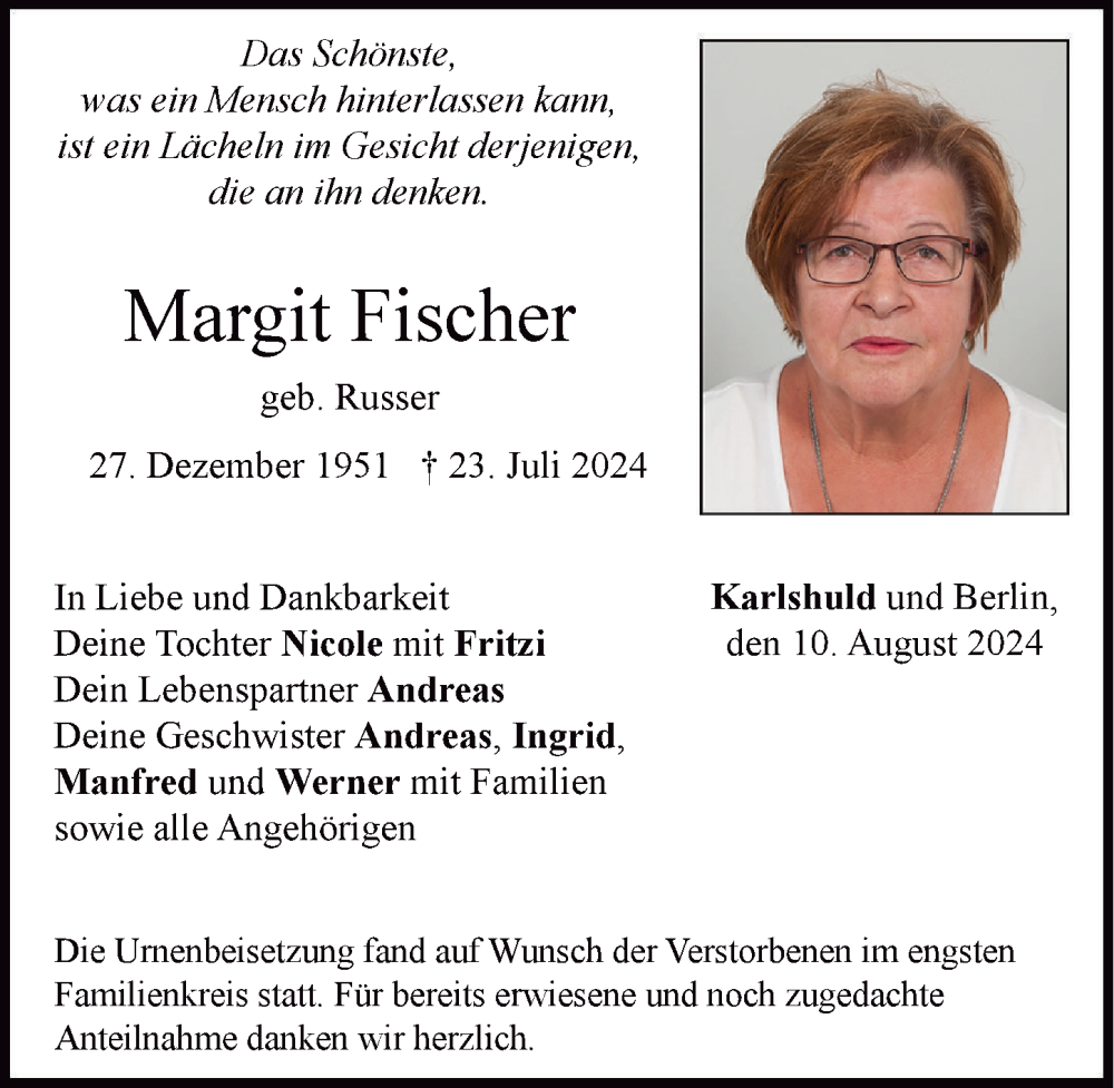 Traueranzeige von Margit Fischer von Neuburger Rundschau