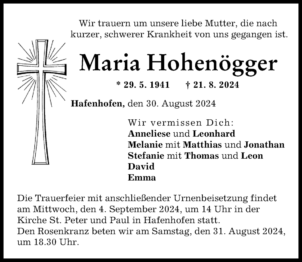 Traueranzeige von Maria Hohenögger von Günzburger Zeitung