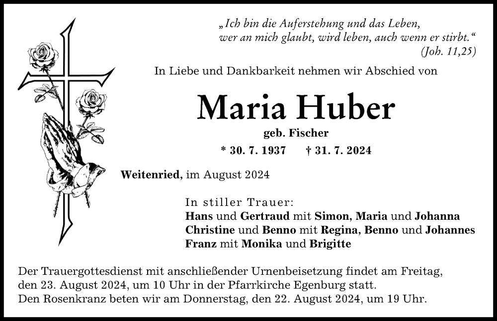 Traueranzeige von Maria Huber von Friedberger Allgemeine