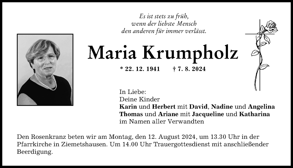 Traueranzeige von Maria Krumpholz von Mittelschwäbische Nachrichten