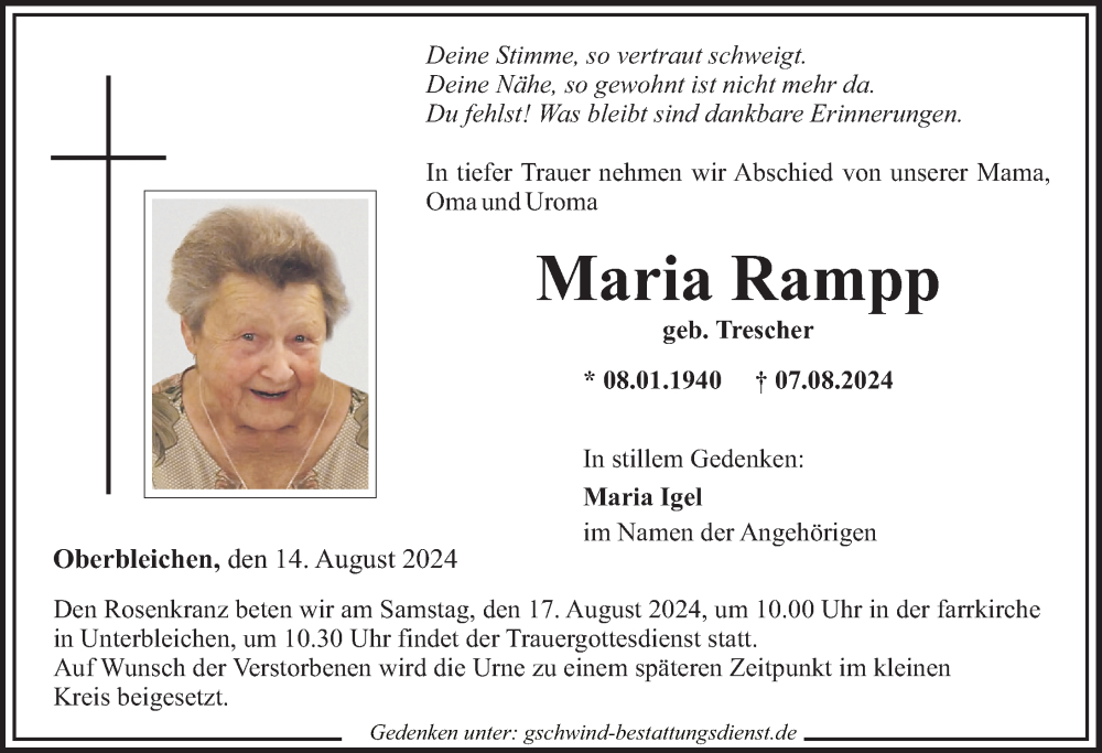 Traueranzeige von Maria Rampp von Mittelschwäbische Nachrichten