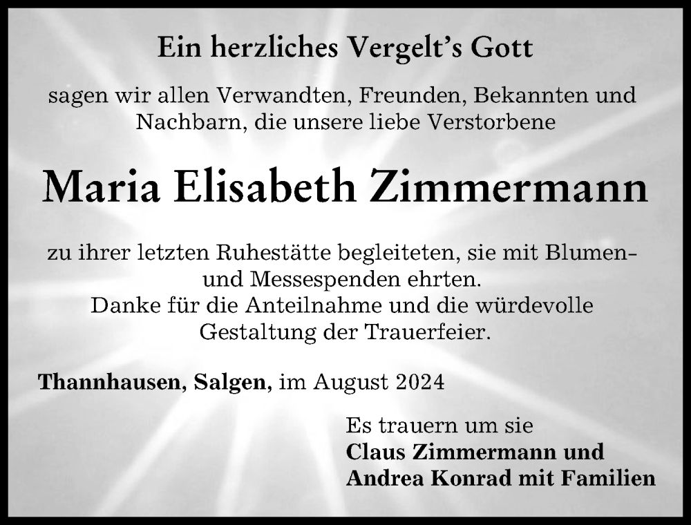 Traueranzeige von Maria Elisabeth Zimmermann von Mittelschwäbische Nachrichten