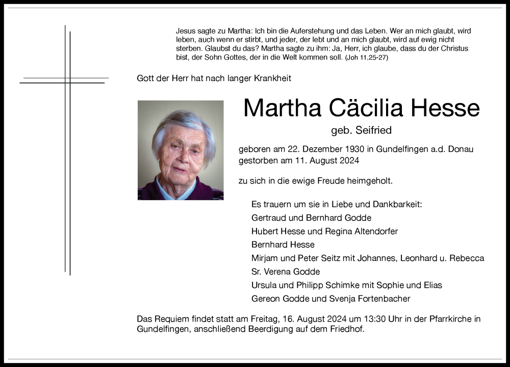 Traueranzeige von Martha Cäcilia Hesse von Donau Zeitung