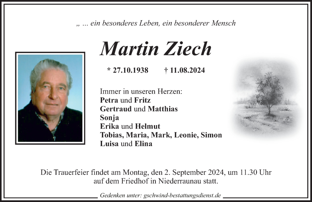 Traueranzeige von Martin Ziech von Mittelschwäbische Nachrichten