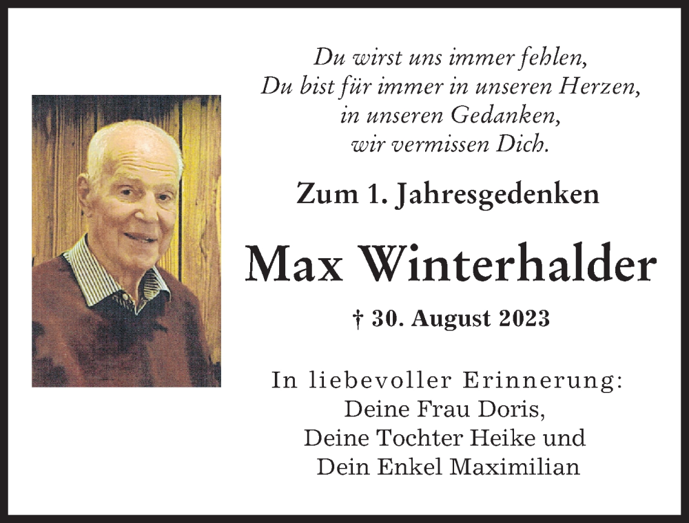 Traueranzeige von Max Winterhalder von Augsburger Allgemeine