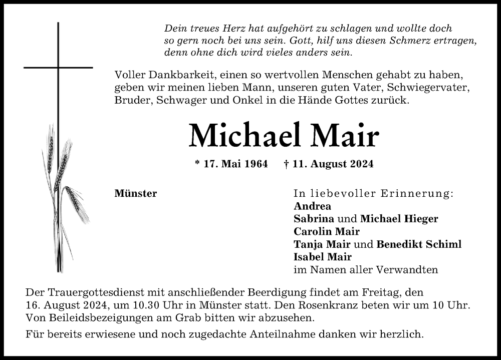 Traueranzeige von Michael Mair von Donauwörther Zeitung, Neuburger Rundschau