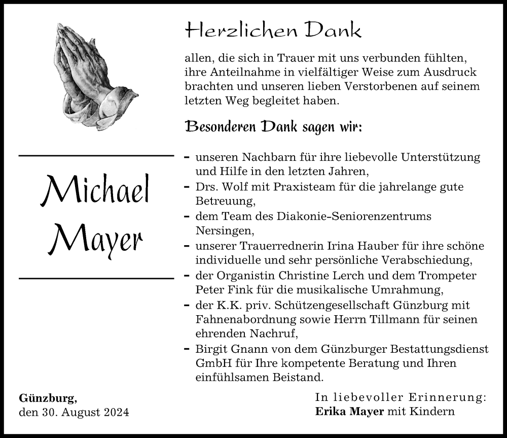 Traueranzeige von Michael Mayer von Günzburger Zeitung