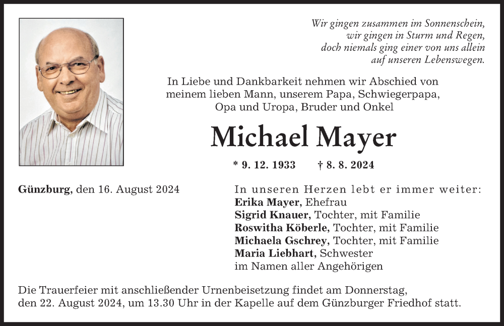  Traueranzeige für Michael Mayer vom 16.08.2024 aus Günzburger Zeitung