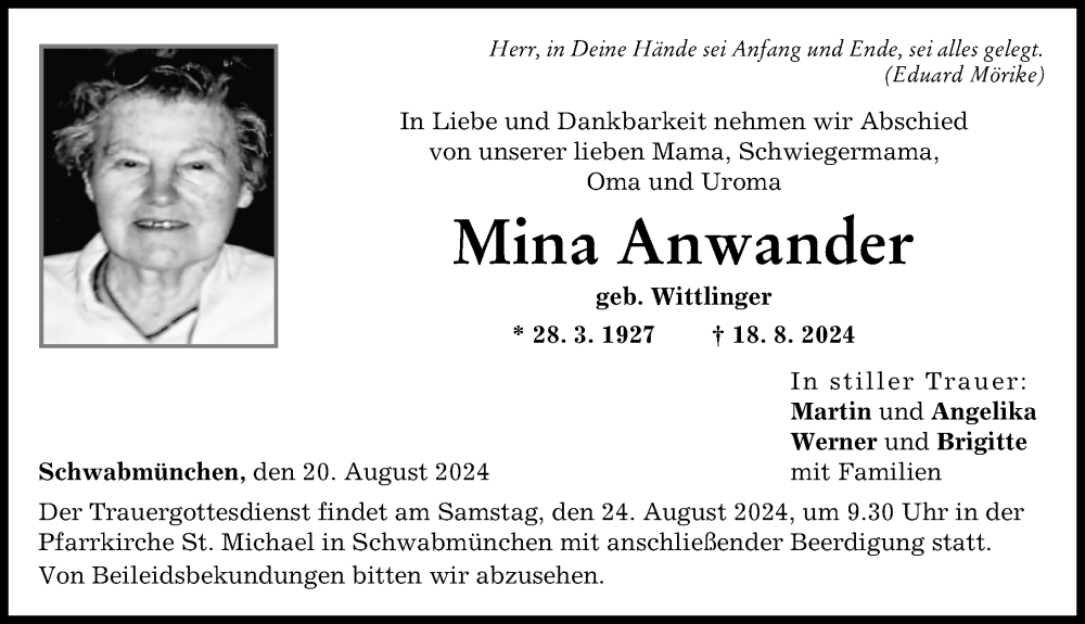 Traueranzeige von Mina Anwander von Schwabmünchner Allgemeine