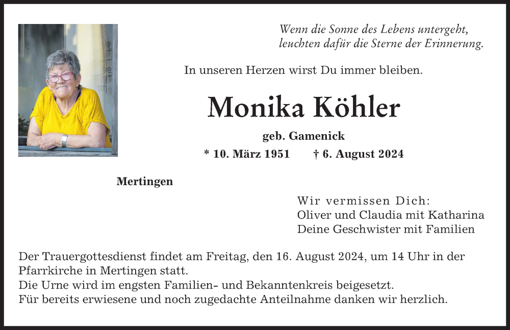 Traueranzeige von Monika Köhler von Donauwörther Zeitung