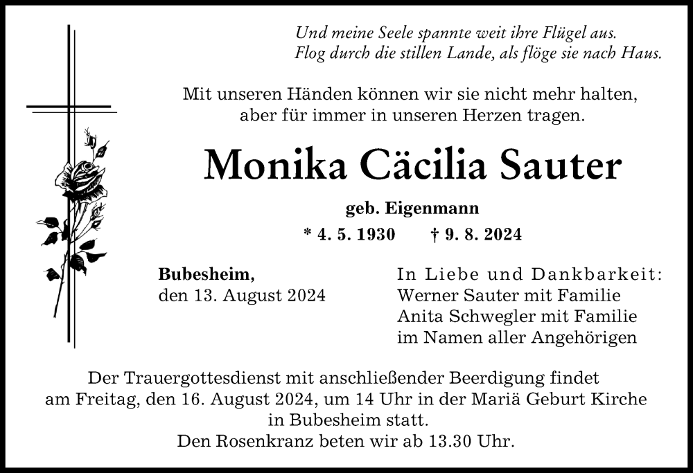 Traueranzeige von Monika Cäcilia Sauter von Günzburger Zeitung