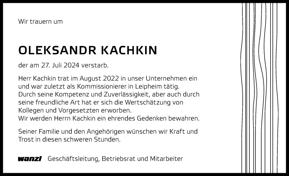 Traueranzeige von Oleksandr Kachkin von Günzburger Zeitung