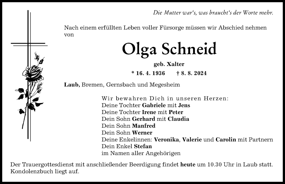 Traueranzeige von Olga Schneid von Donauwörther Zeitung, Rieser Nachrichten