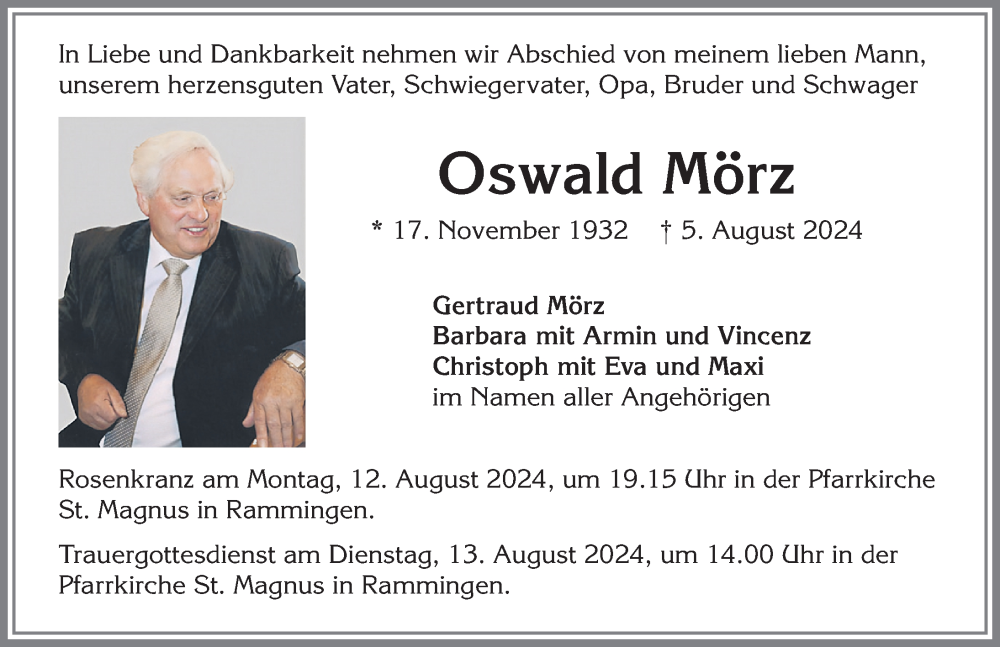 Traueranzeige von Oswald Mörz von Mindelheimer Zeitung