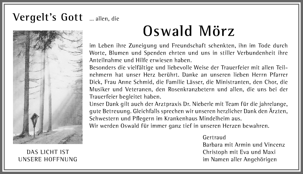 Traueranzeige von Oswald Mörz von Mindelheimer Zeitung