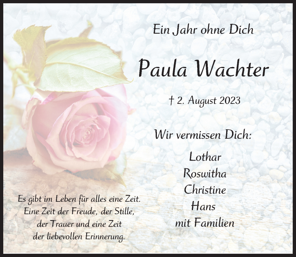 Traueranzeige von Paula Wachter von Mittelschwäbische Nachrichten