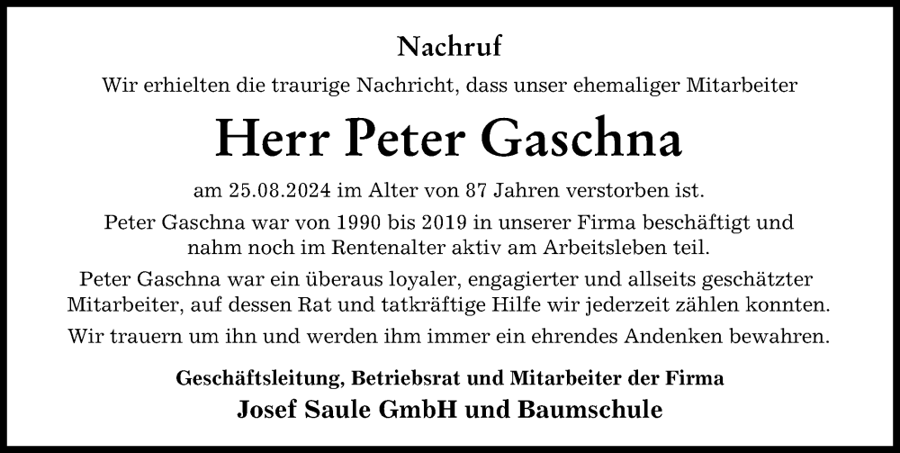 Traueranzeige von Peter Gaschna von Augsburger Allgemeine