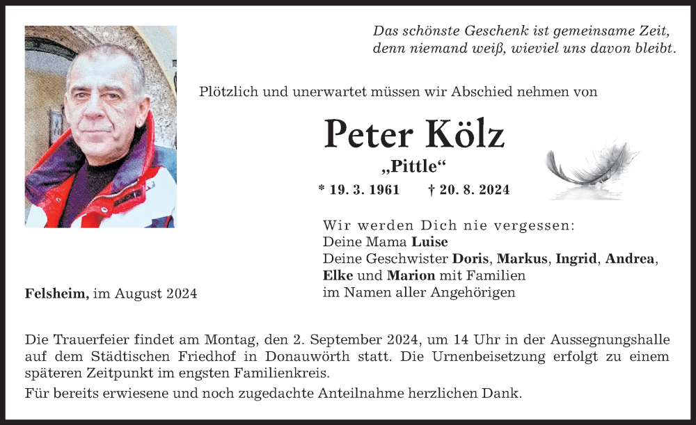 Traueranzeige von Peter Kölz von Donauwörther Zeitung