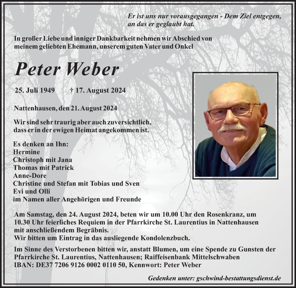 Traueranzeige von Peter Weber von Mittelschwäbische Nachrichten