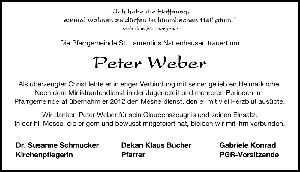 Traueranzeige von Peter Weber von Mittelschwäbische Nachrichten