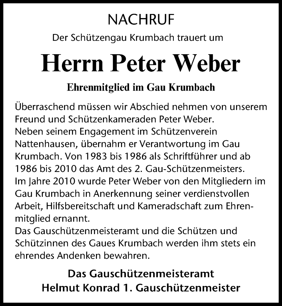 Traueranzeige von Peter Weber von Mittelschwäbische Nachrichten