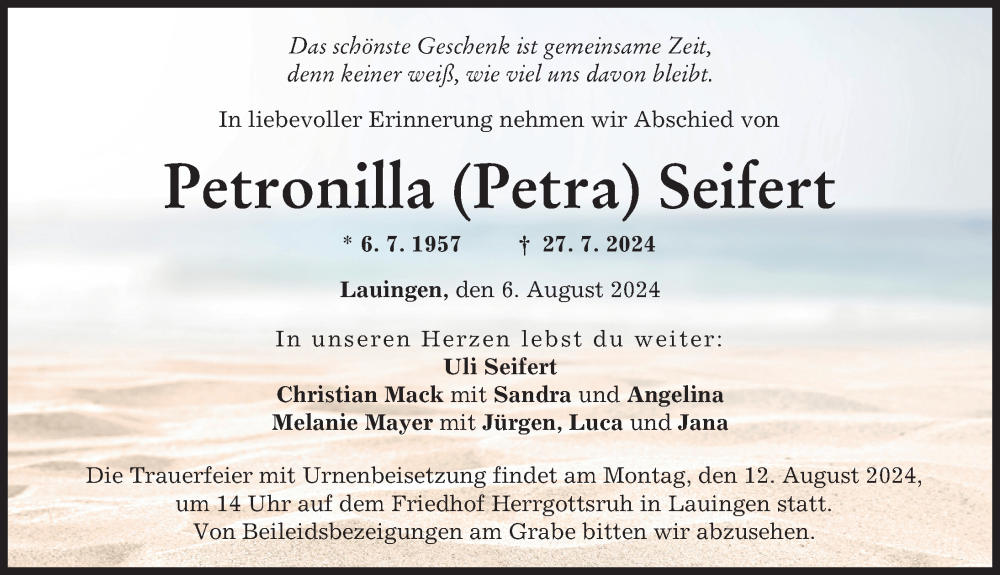  Traueranzeige für Petronilla Seifert vom 08.08.2024 aus Donau Zeitung