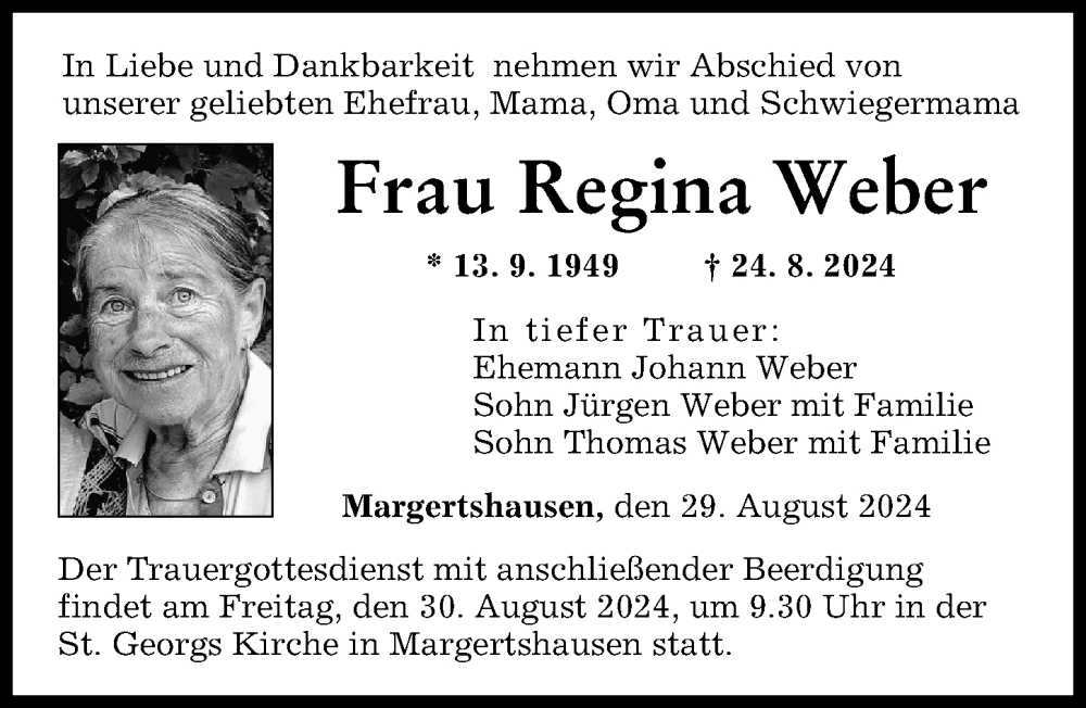 Traueranzeige von Regina Weber von Augsburg-Land