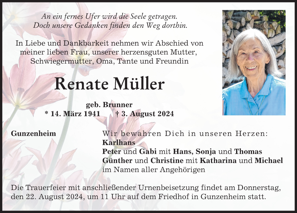 Traueranzeige von Renate Müller von Donauwörther Zeitung