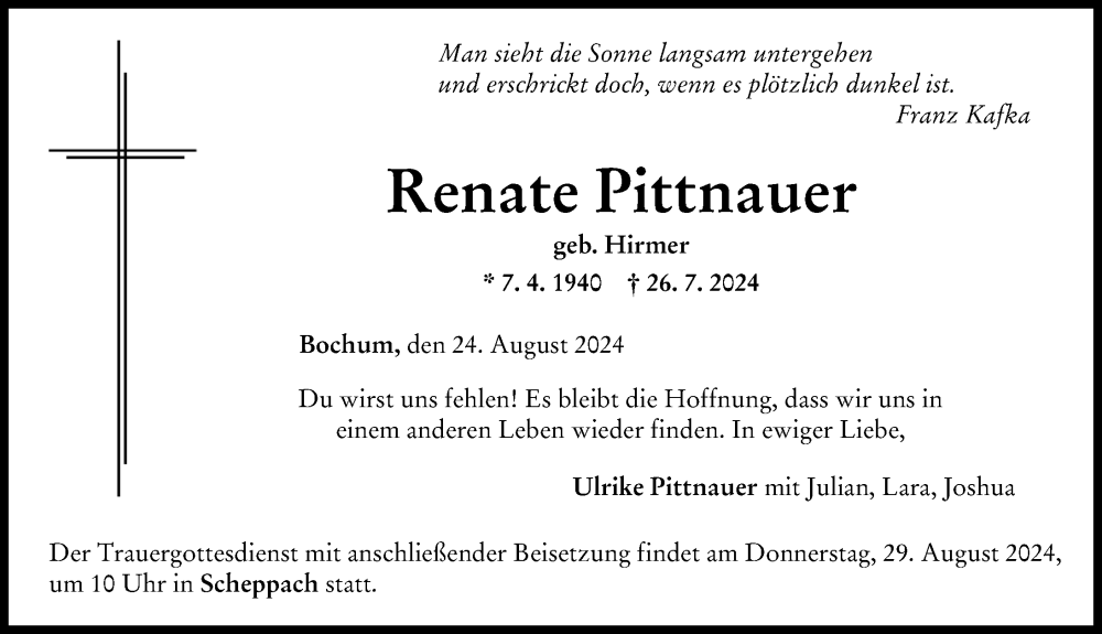 Traueranzeige von Renate Pittnauer von Günzburger Zeitung